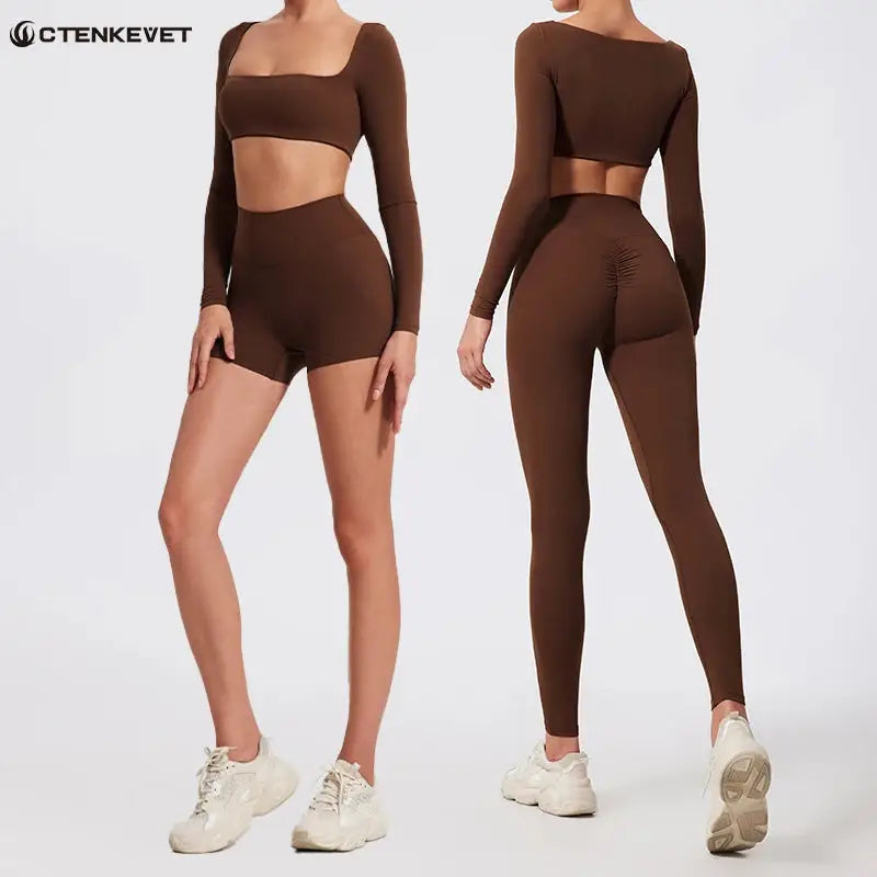 Ctenkevet Long sleeve Shirt Sports Set Women Fitness Yoga Suit Crop Top High Waist Gym Set Women Quick-Dry 2Pcs Yoga Clothes dermacollagene.com