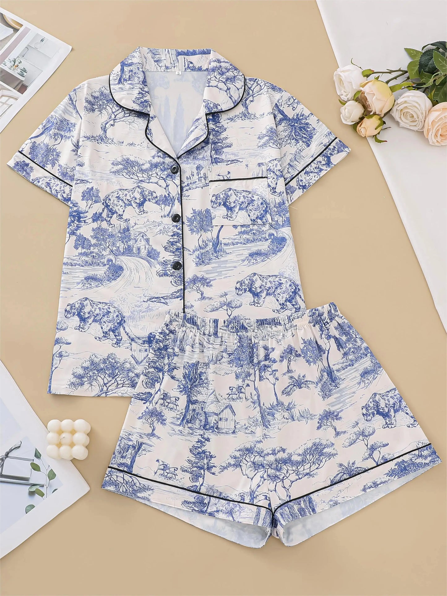Natural animal print pajama set comfortable short-sleeved lapel top and elasticated waistband shorts women's loungewear dermacollagene.com