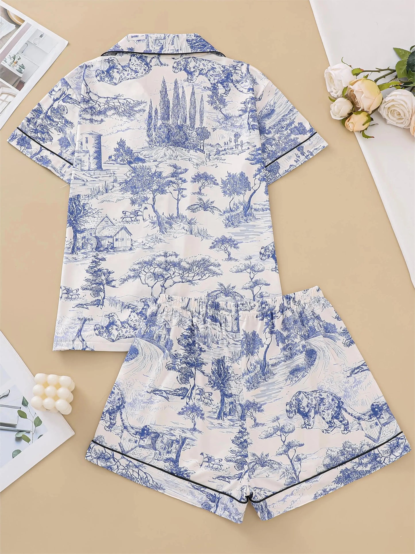 Natural animal print pajama set comfortable short-sleeved lapel top and elasticated waistband shorts women's loungewear dermacollagene.com