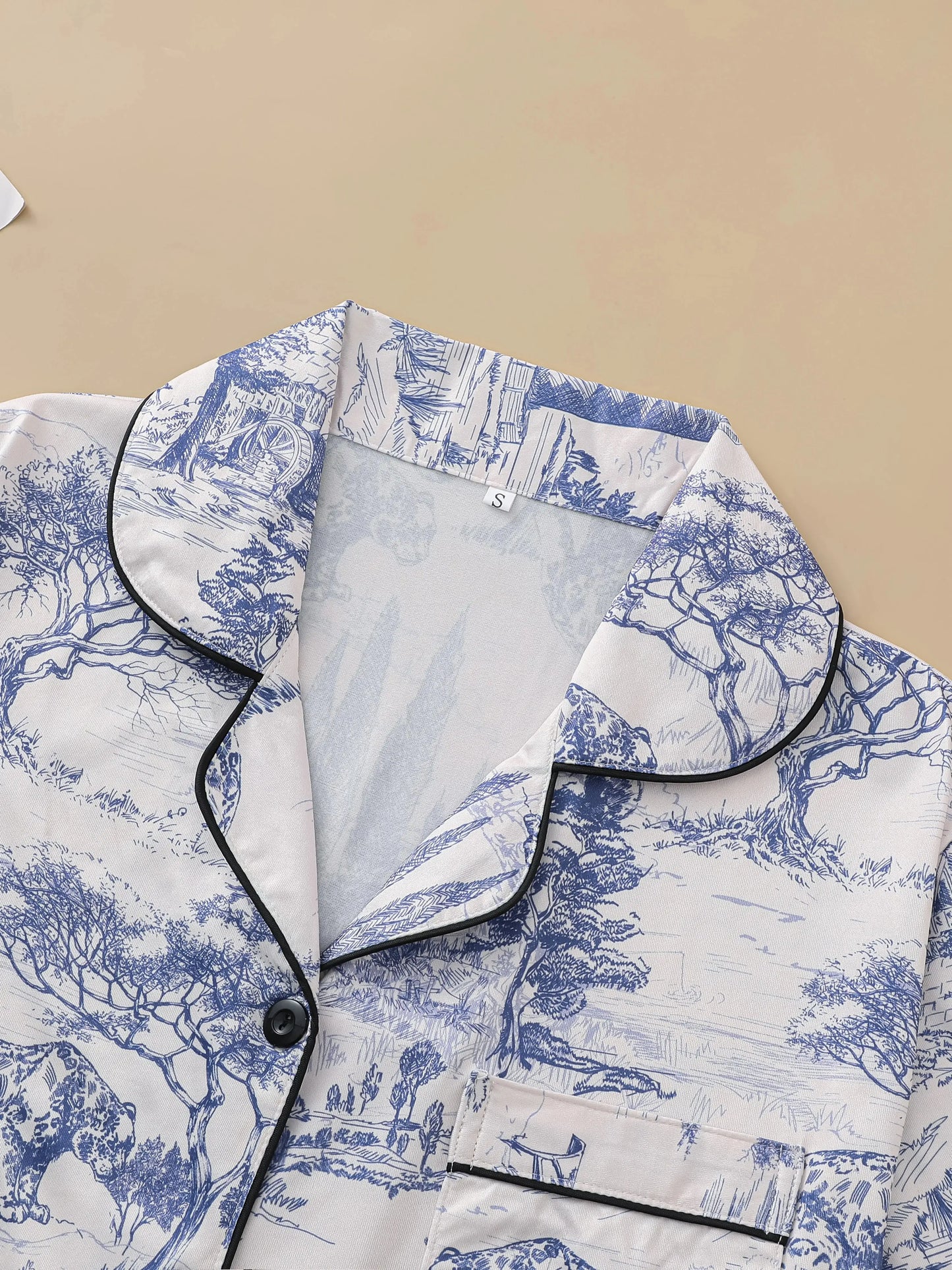 Natural animal print pajama set comfortable short-sleeved lapel top and elasticated waistband shorts women's loungewear dermacollagene.com