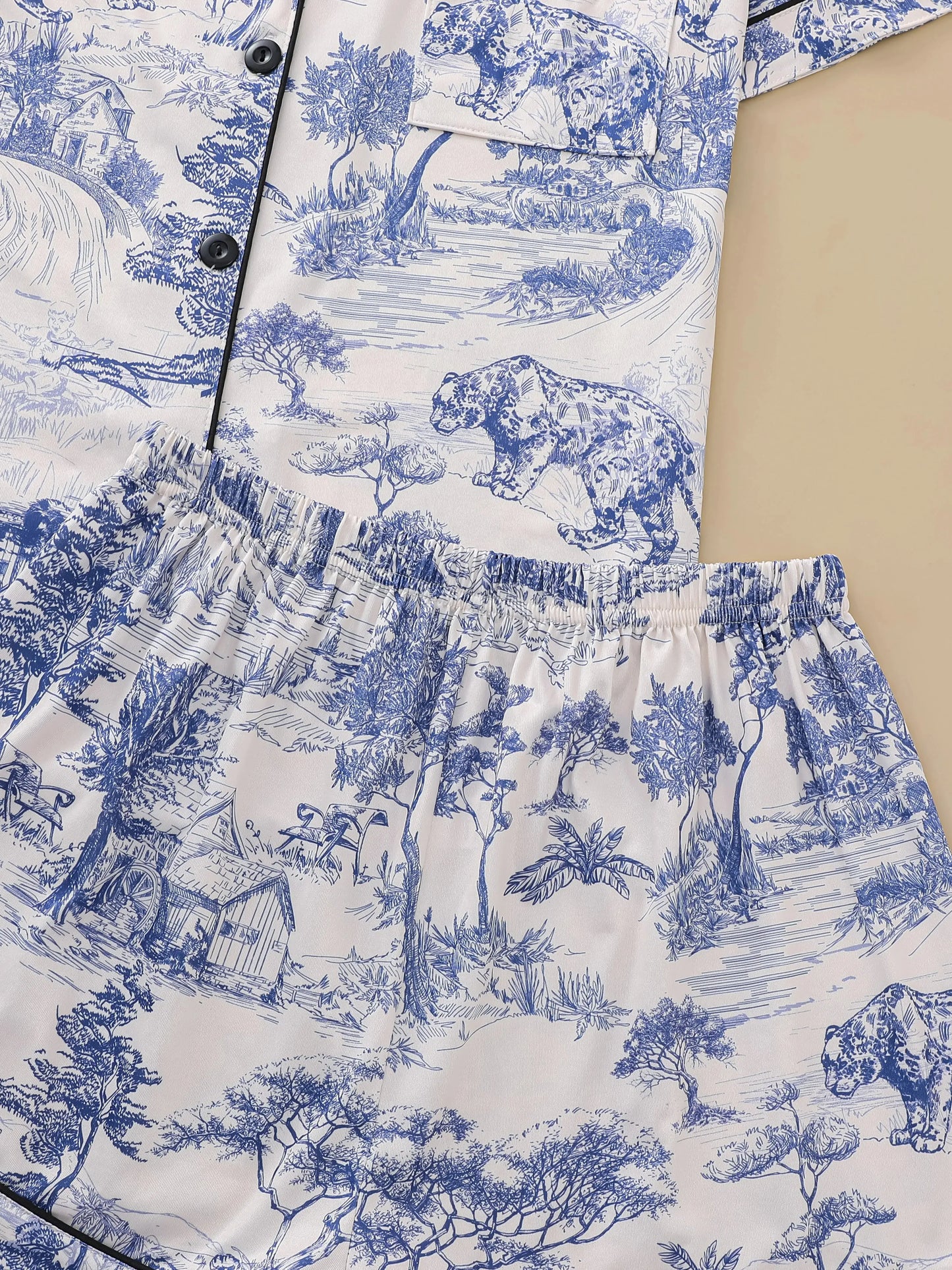 Natural animal print pajama set comfortable short-sleeved lapel top and elasticated waistband shorts women's loungewear dermacollagene.com