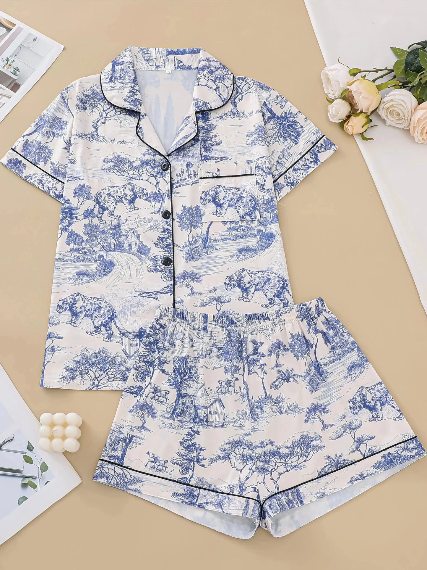 Natural animal print pajama set comfortable short-sleeved lapel top and elasticated waistband shorts women's loungewear dermacollagene.com