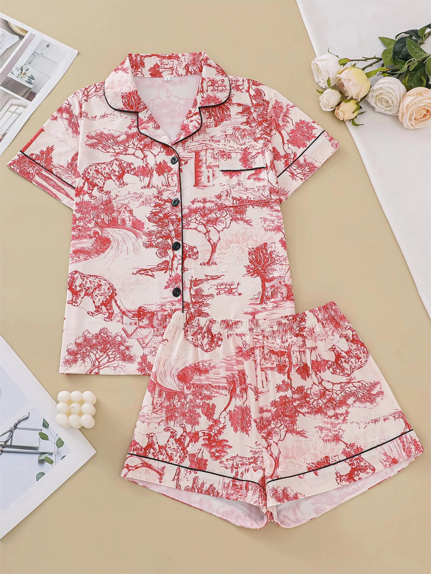 Natural animal print pajama set comfortable short-sleeved lapel top and elasticated waistband shorts women's loungewear dermacollagene.com