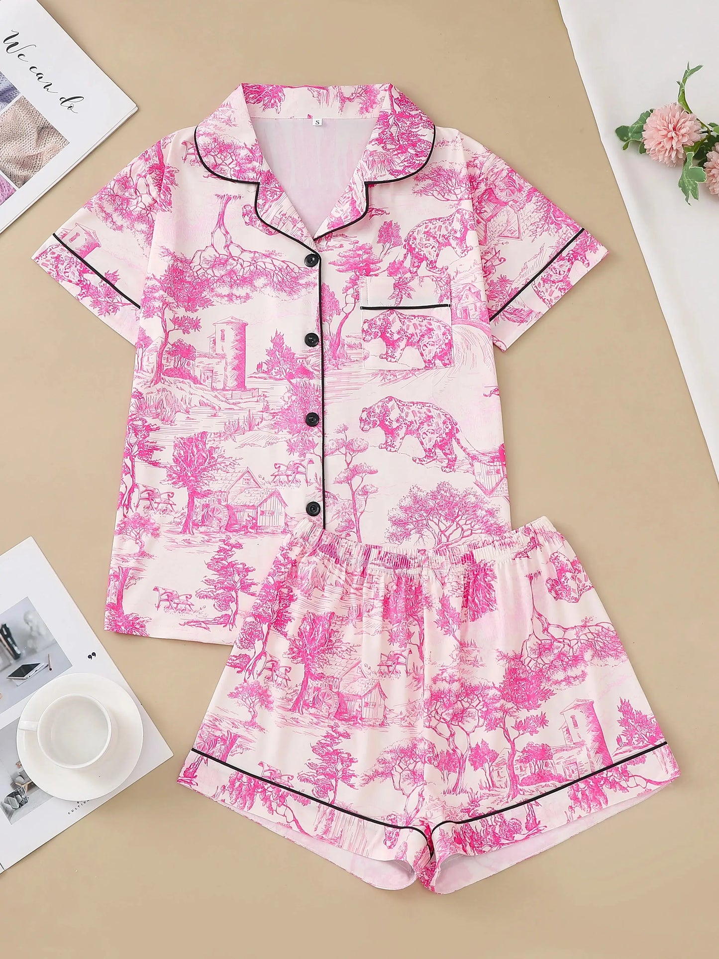 Natural animal print pajama set comfortable short-sleeved lapel top and elasticated waistband shorts women's loungewear dermacollagene.com