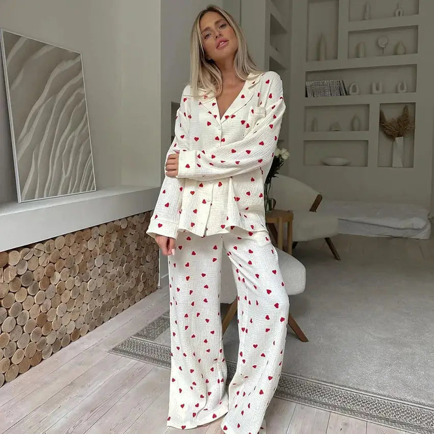 Summer New Love Heart Print Pyjama 100% Cotton Long Sleeve Set 2Pcs Outfit Lapel Sleepwear Button Down Women's Pajamas Nightwear dermacollagene.com
