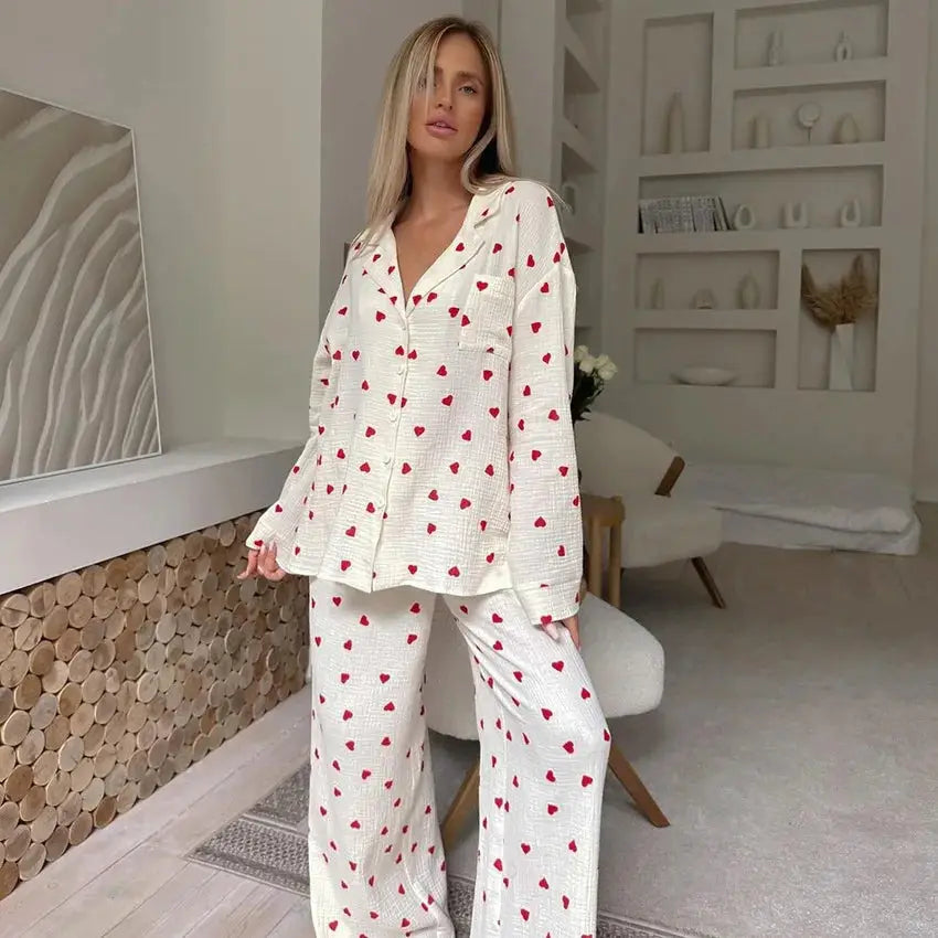 Summer New Love Heart Print Pyjama 100% Cotton Long Sleeve Set 2Pcs Outfit Lapel Sleepwear Button Down Women's Pajamas Nightwear dermacollagene.com