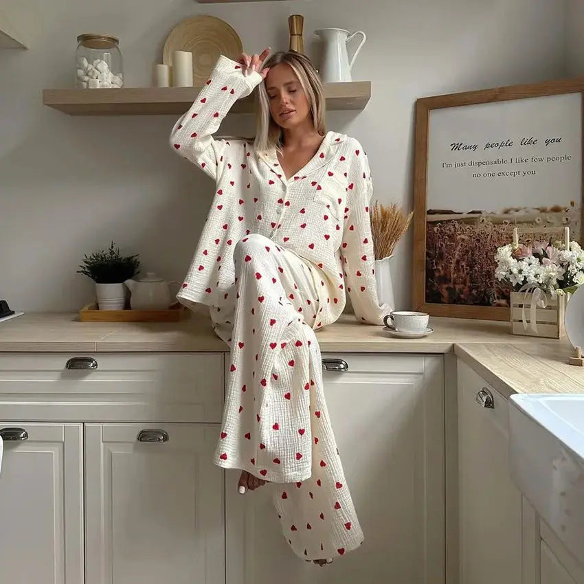 Summer New Love Heart Print Pyjama 100% Cotton Long Sleeve Set 2Pcs Outfit Lapel Sleepwear Button Down Women's Pajamas Nightwear dermacollagene.com