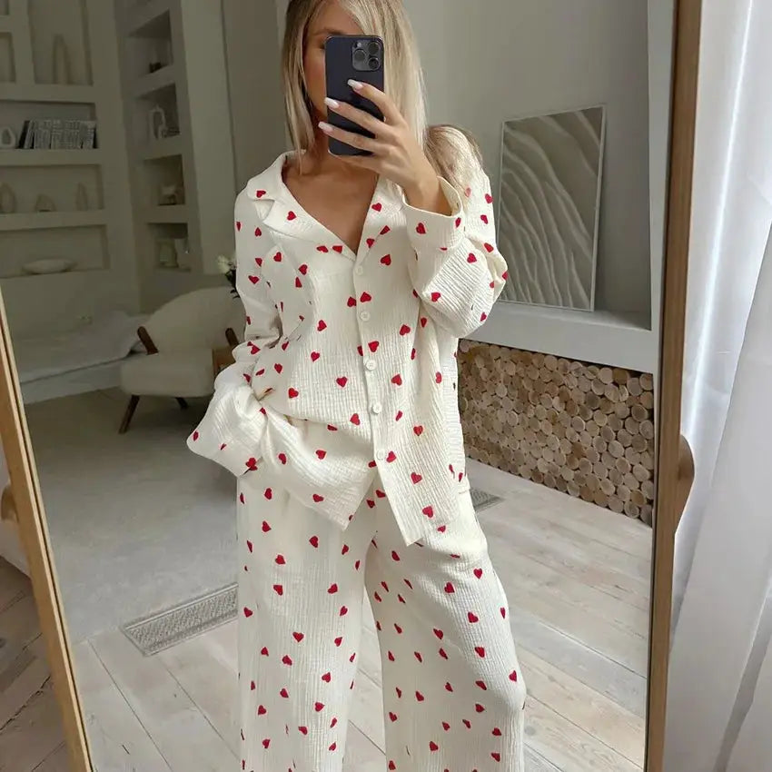Summer New Love Heart Print Pyjama 100% Cotton Long Sleeve Set 2Pcs Outfit Lapel Sleepwear Button Down Women's Pajamas Nightwear dermacollagene.com