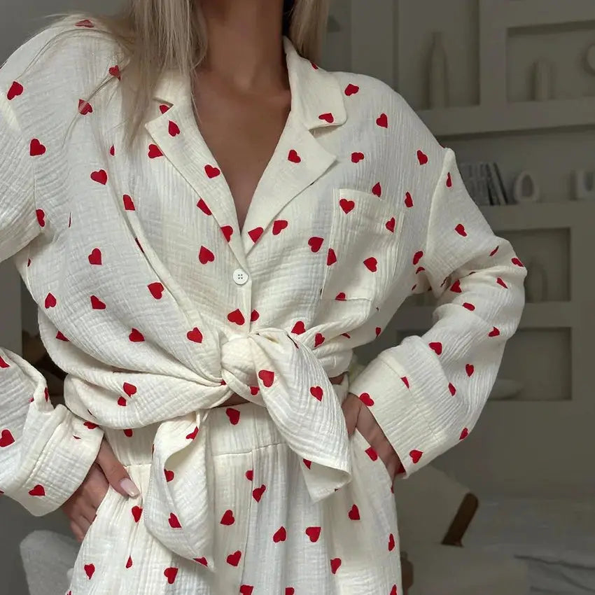 Summer New Love Heart Print Pyjama 100% Cotton Long Sleeve Set 2Pcs Outfit Lapel Sleepwear Button Down Women's Pajamas Nightwear dermacollagene.com