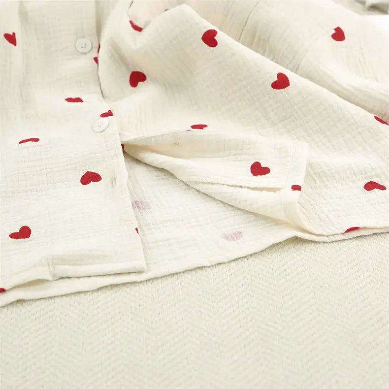 Summer New Love Heart Print Pyjama 100% Cotton Long Sleeve Set 2Pcs Outfit Lapel Sleepwear Button Down Women's Pajamas Nightwear dermacollagene.com