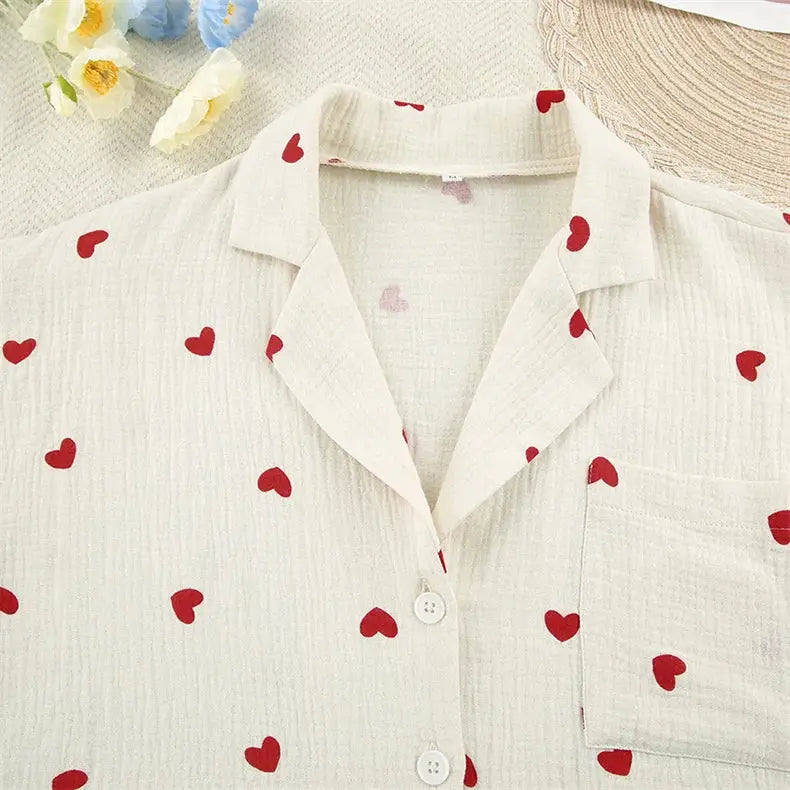 Summer New Love Heart Print Pyjama 100% Cotton Long Sleeve Set 2Pcs Outfit Lapel Sleepwear Button Down Women's Pajamas Nightwear dermacollagene.com