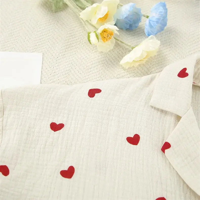 Summer New Love Heart Print Pyjama 100% Cotton Long Sleeve Set 2Pcs Outfit Lapel Sleepwear Button Down Women's Pajamas Nightwear dermacollagene.com