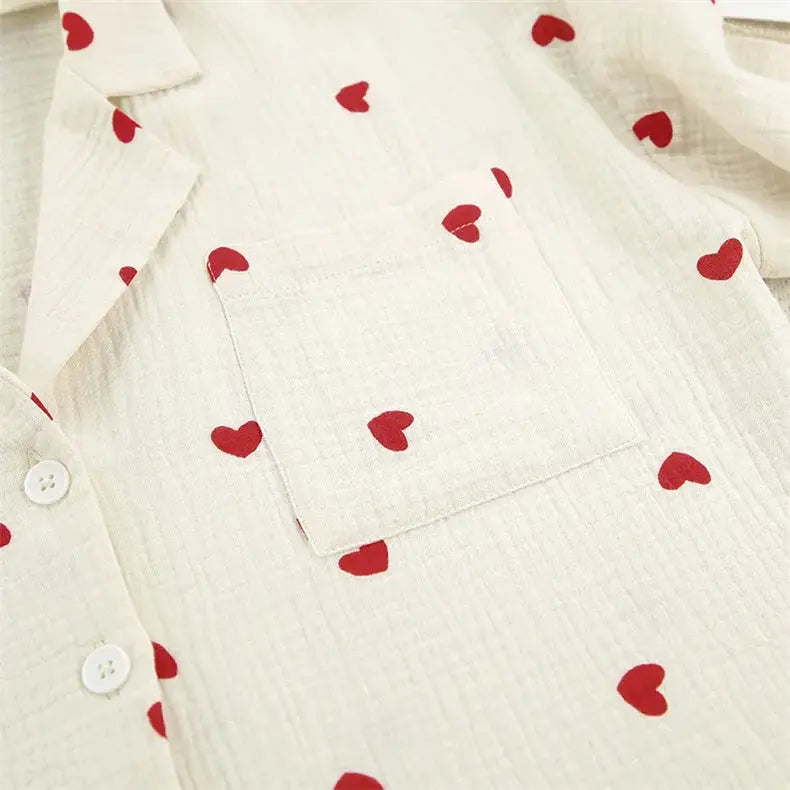 Summer New Love Heart Print Pyjama 100% Cotton Long Sleeve Set 2Pcs Outfit Lapel Sleepwear Button Down Women's Pajamas Nightwear dermacollagene.com