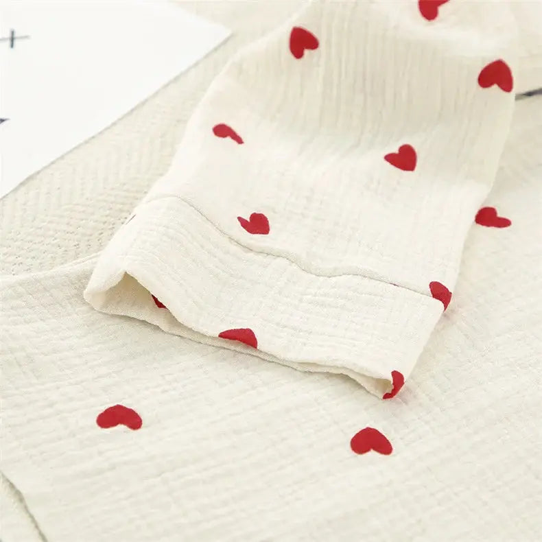 Summer New Love Heart Print Pyjama 100% Cotton Long Sleeve Set 2Pcs Outfit Lapel Sleepwear Button Down Women's Pajamas Nightwear dermacollagene.com
