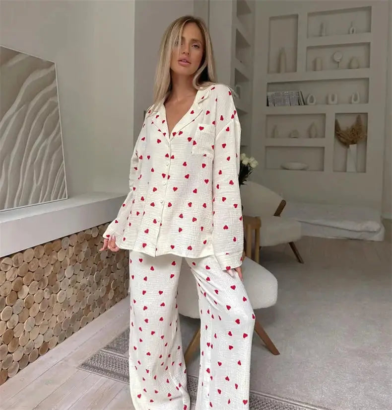 Summer New Love Heart Print Pyjama 100% Cotton Long Sleeve Set 2Pcs Outfit Lapel Sleepwear Button Down Women's Pajamas Nightwear dermacollagene.com