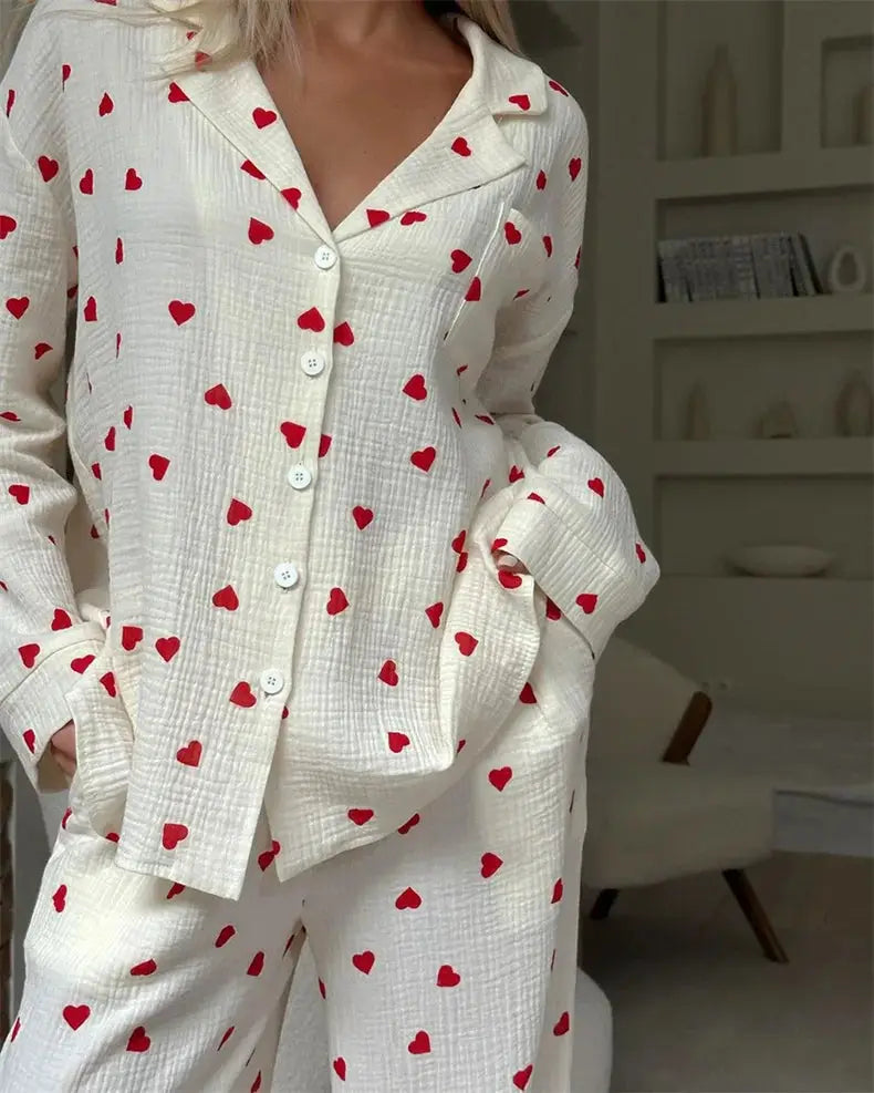 Summer New Love Heart Print Pyjama 100% Cotton Long Sleeve Set 2Pcs Outfit Lapel Sleepwear Button Down Women's Pajamas Nightwear dermacollagene.com