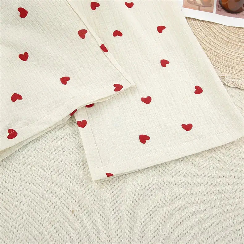 Summer New Love Heart Print Pyjama 100% Cotton Long Sleeve Set 2Pcs Outfit Lapel Sleepwear Button Down Women's Pajamas Nightwear dermacollagene.com