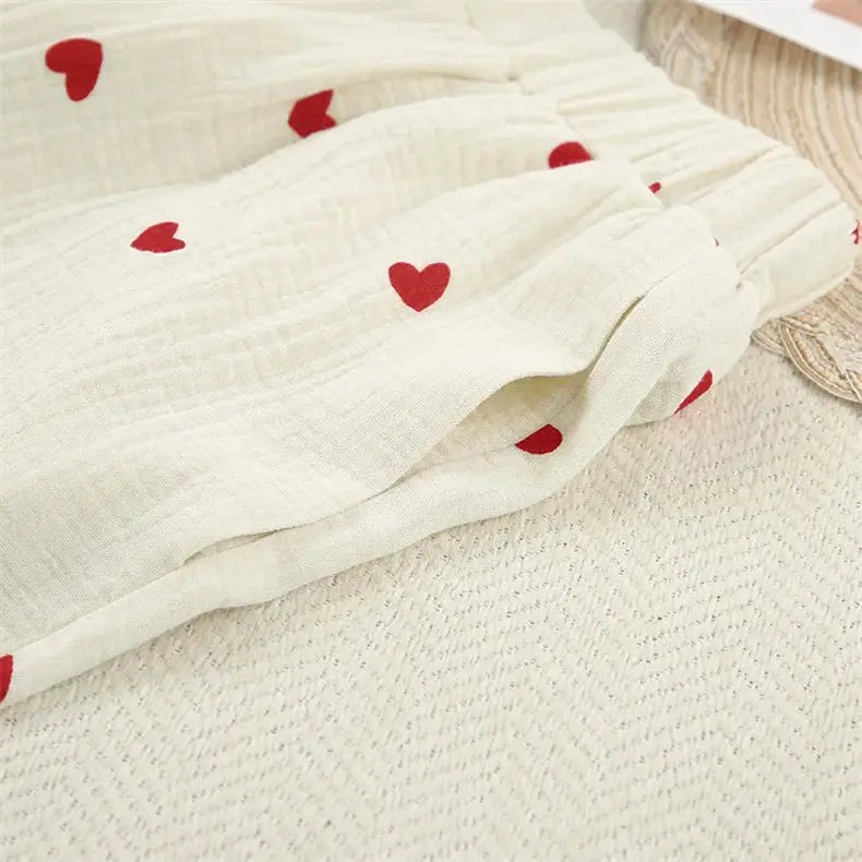 Summer New Love Heart Print Pyjama 100% Cotton Long Sleeve Set 2Pcs Outfit Lapel Sleepwear Button Down Women's Pajamas Nightwear dermacollagene.com