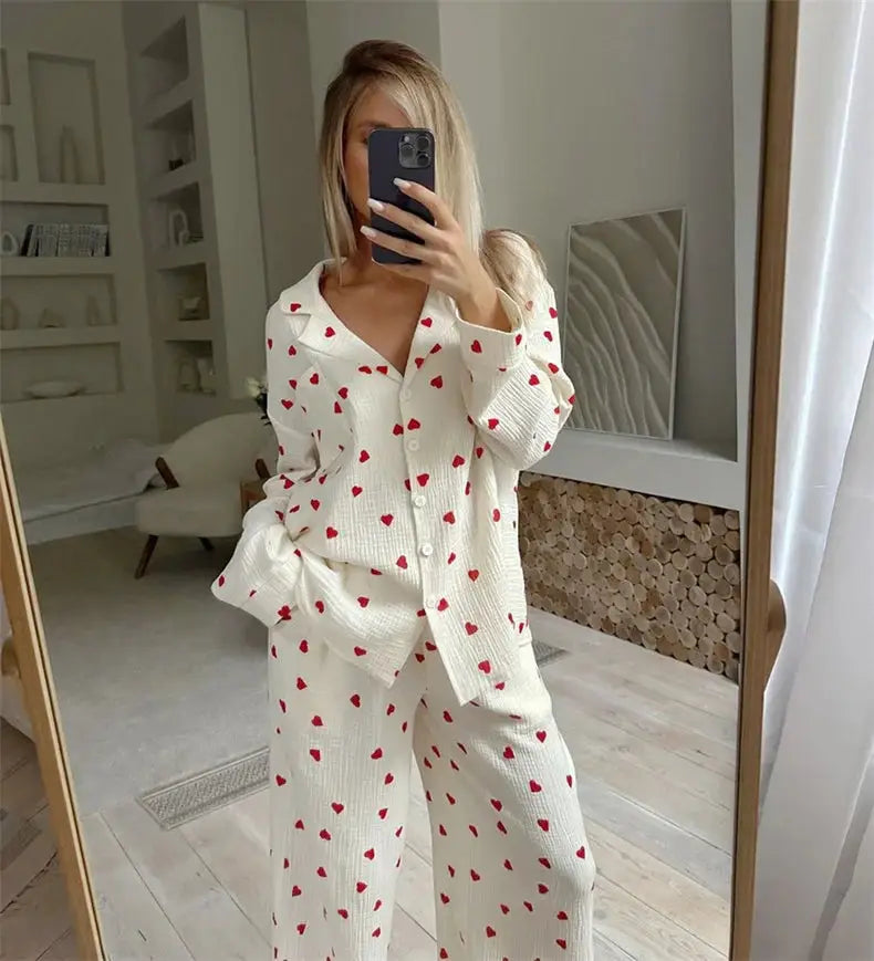 Summer New Love Heart Print Pyjama 100% Cotton Long Sleeve Set 2Pcs Outfit Lapel Sleepwear Button Down Women's Pajamas Nightwear dermacollagene.com