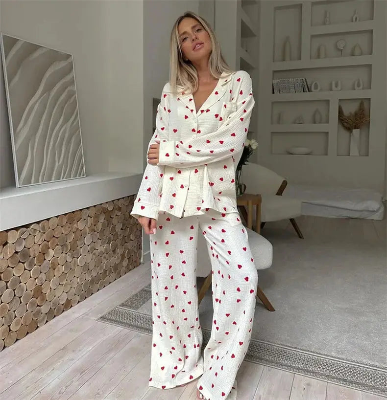 Summer New Love Heart Print Pyjama 100% Cotton Long Sleeve Set 2Pcs Outfit Lapel Sleepwear Button Down Women's Pajamas Nightwear dermacollagene.com