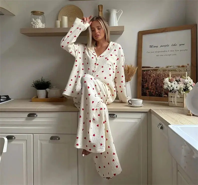 Summer New Love Heart Print Pyjama 100% Cotton Long Sleeve Set 2Pcs Outfit Lapel Sleepwear Button Down Women's Pajamas Nightwear dermacollagene.com