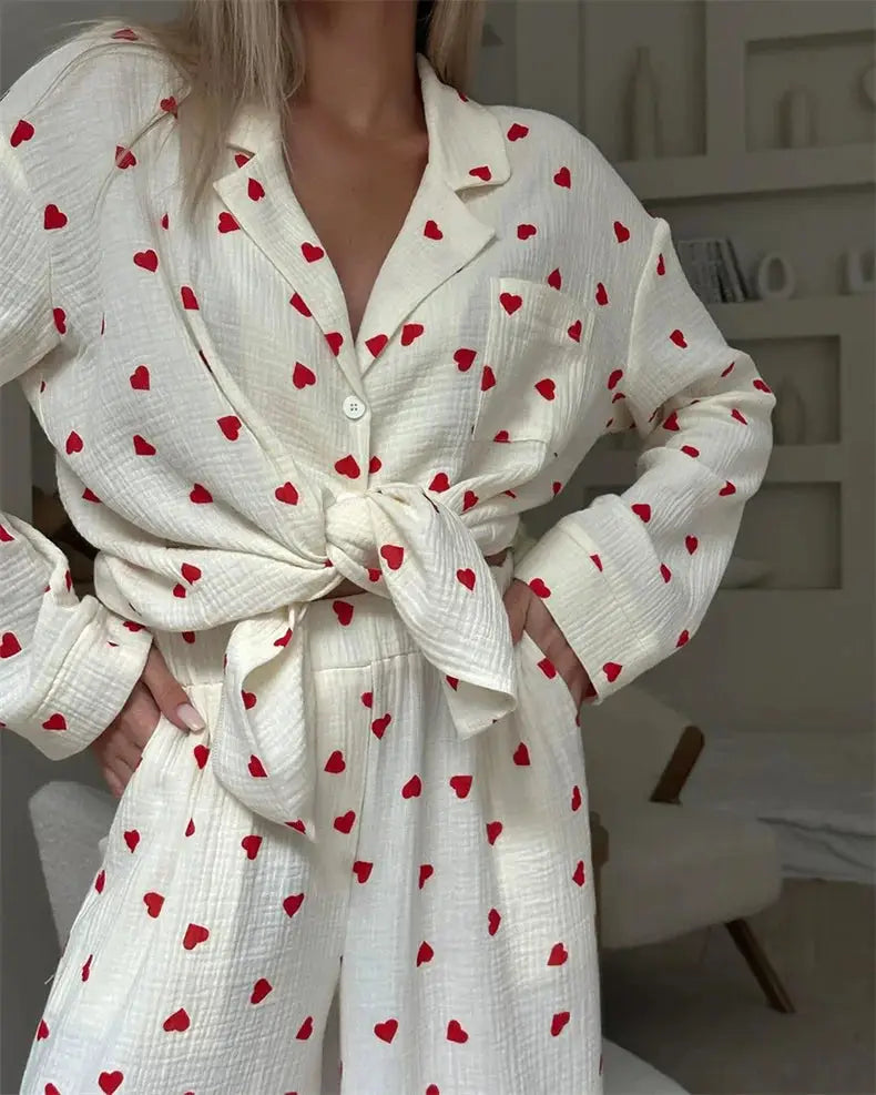 Summer New Love Heart Print Pyjama 100% Cotton Long Sleeve Set 2Pcs Outfit Lapel Sleepwear Button Down Women's Pajamas Nightwear dermacollagene.com