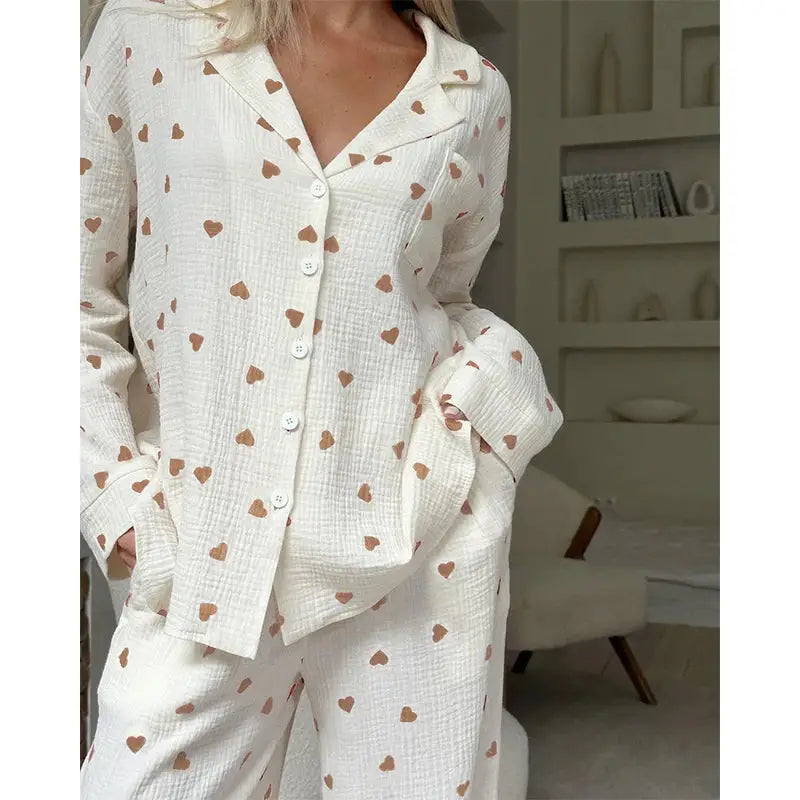 Summer New Love Heart Print Pyjama 100% Cotton Long Sleeve Set 2Pcs Outfit Lapel Sleepwear Button Down Women's Pajamas Nightwear dermacollagene.com