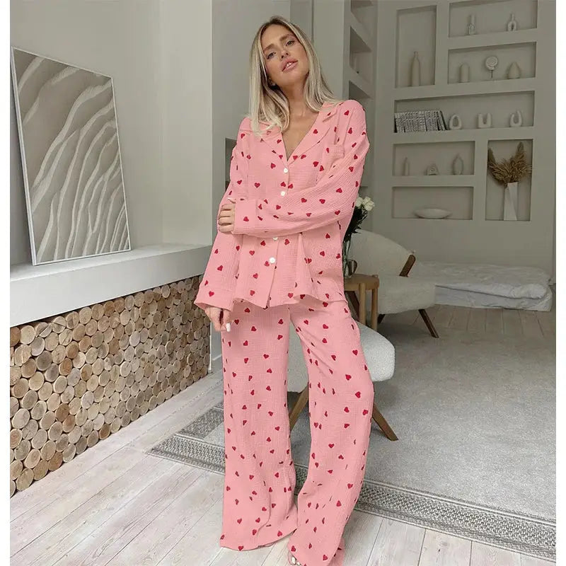 Summer New Love Heart Print Pyjama 100% Cotton Long Sleeve Set 2Pcs Outfit Lapel Sleepwear Button Down Women's Pajamas Nightwear dermacollagene.com