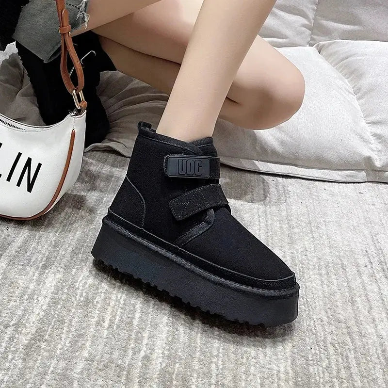Winter Outdoor Women's Faux Cow Suede Plush Warm Shoes Fashion Snow Boots Girls Flat Platform Booties Casual Thick Sole Sneakers dermacollagene.com