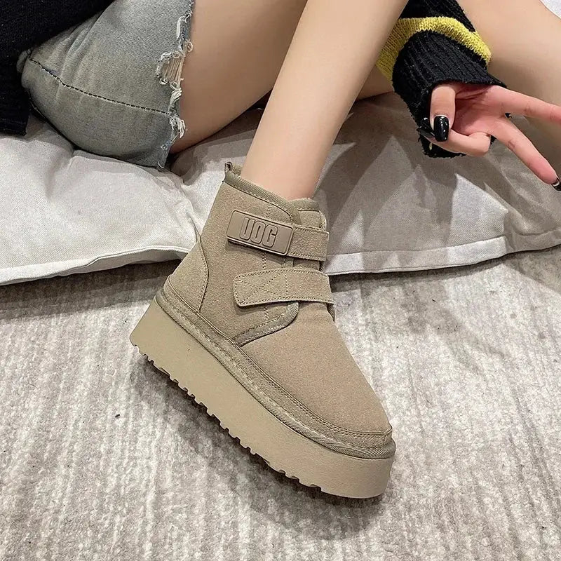 Winter Outdoor Women's Faux Cow Suede Plush Warm Shoes Fashion Snow Boots Girls Flat Platform Booties Casual Thick Sole Sneakers dermacollagene.com