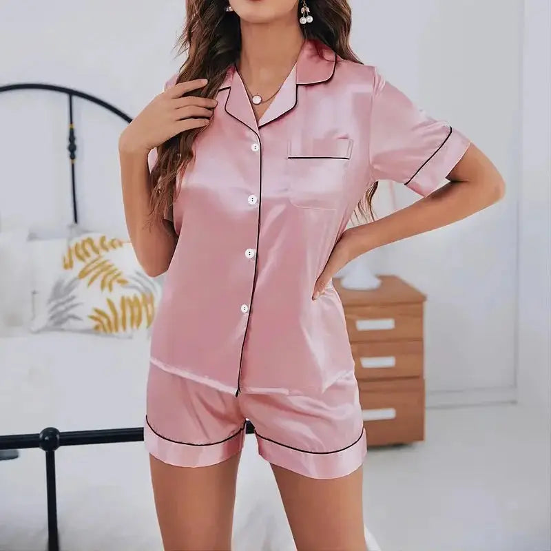 Women Silk Satin Pajamas Set Two-piece Pj Sets Sleepwear Loungewear Button-Down Pajama Women 2 Piece Pijama Homewear Shorts Set dermacollagene.com