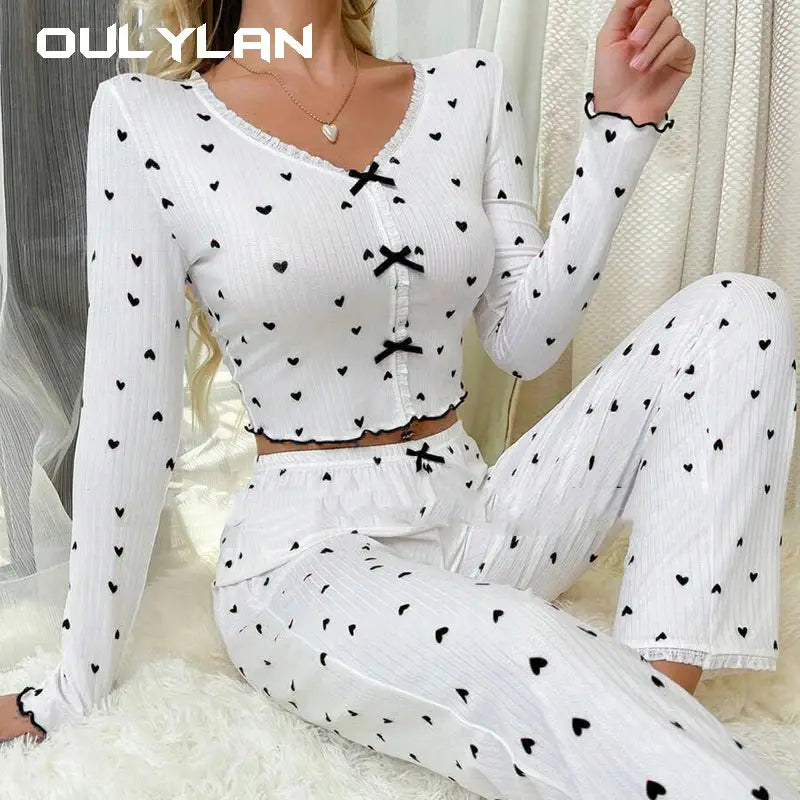 Elegant White Ribbed Print Pants Sets Pajamas Women Knitted V-Neck Loose Tops Autumn Elastic Long Pants Sleepwears Vintage dermacollagene.com