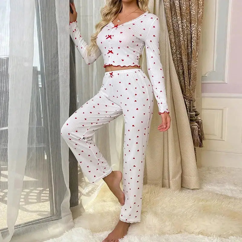 Elegant White Ribbed Print Pants Sets Pajamas Women Knitted V-Neck Loose Tops Autumn Elastic Long Pants Sleepwears Vintage dermacollagene.com
