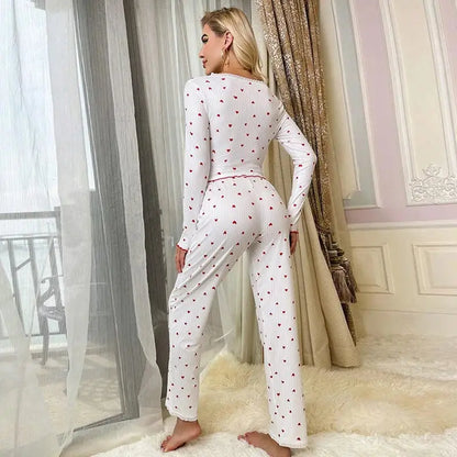 Elegant White Ribbed Print Pants Sets Pajamas Women Knitted V-Neck Loose Tops Autumn Elastic Long Pants Sleepwears Vintage dermacollagene.com