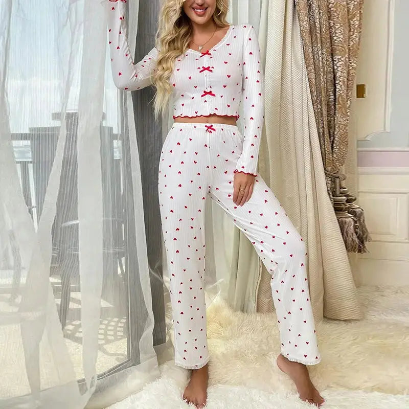 Elegant White Ribbed Print Pants Sets Pajamas Women Knitted V-Neck Loose Tops Autumn Elastic Long Pants Sleepwears Vintage dermacollagene.com