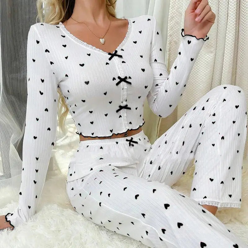 Elegant White Ribbed Print Pants Sets Pajamas Women Knitted V-Neck Loose Tops Autumn Elastic Long Pants Sleepwears Vintage dermacollagene.com