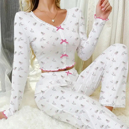 Elegant White Ribbed Print Pants Sets Pajamas Women Knitted V-Neck Loose Tops Autumn Elastic Long Pants Sleepwears Vintage dermacollagene.com