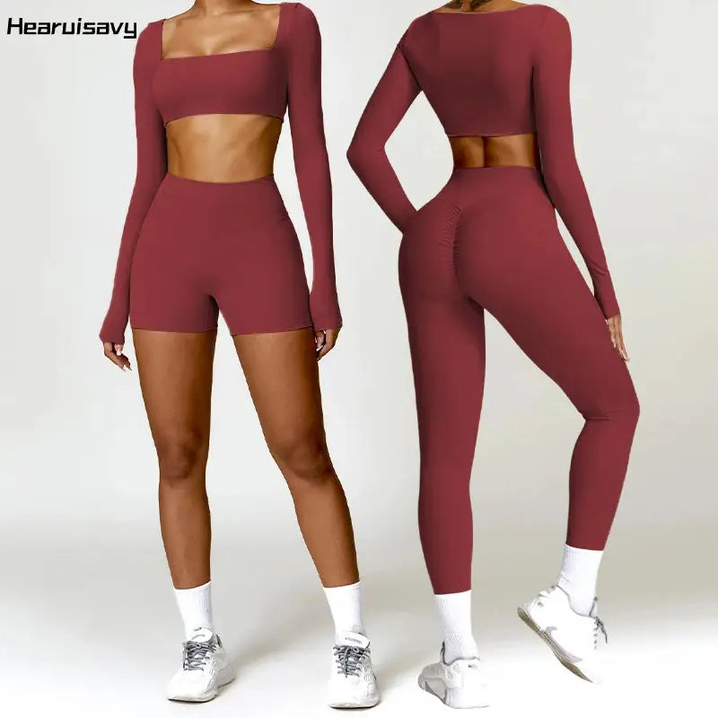 Hearuisavy 2PCS Long Sleeve Gym Set Women Yoga Clothes Quick-Drying Sportswear Running Leggings Workout Sports Crop Top Women dermacollagene.com