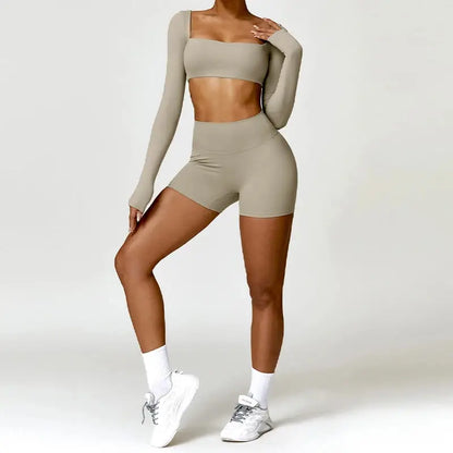 Hearuisavy 2PCS Long Sleeve Gym Set Women Yoga Clothes Quick-Drying Sportswear Running Leggings Workout Sports Crop Top Women dermacollagene.com