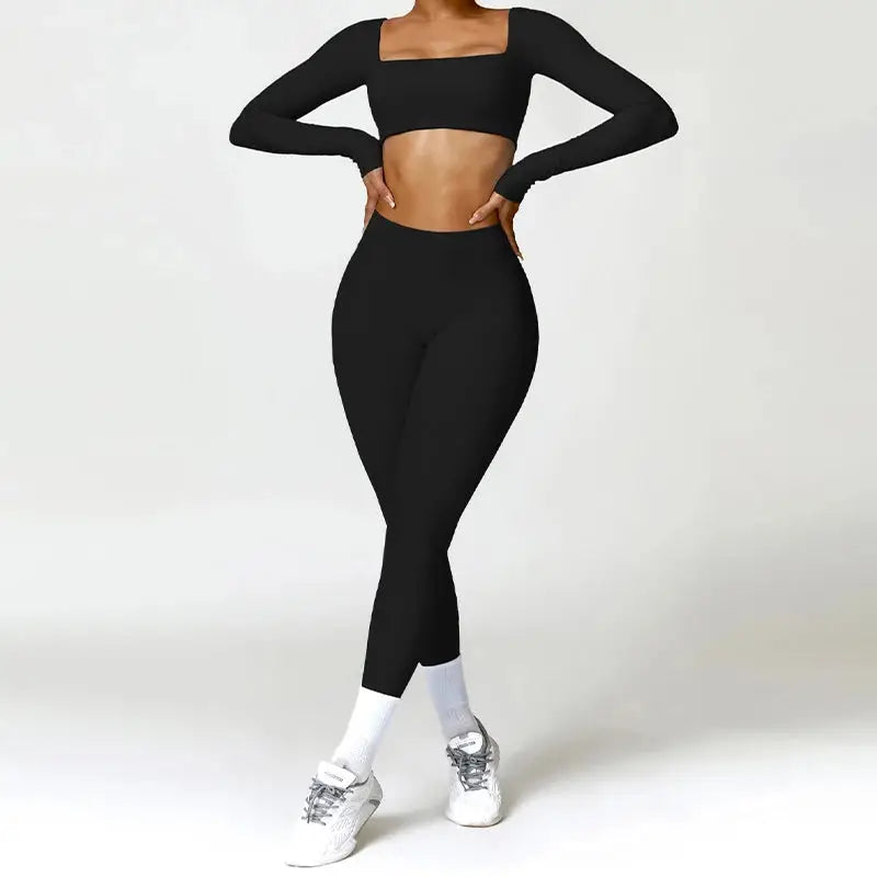 Hearuisavy 2PCS Long Sleeve Gym Set Women Yoga Clothes Quick-Drying Sportswear Running Leggings Workout Sports Crop Top Women dermacollagene.com