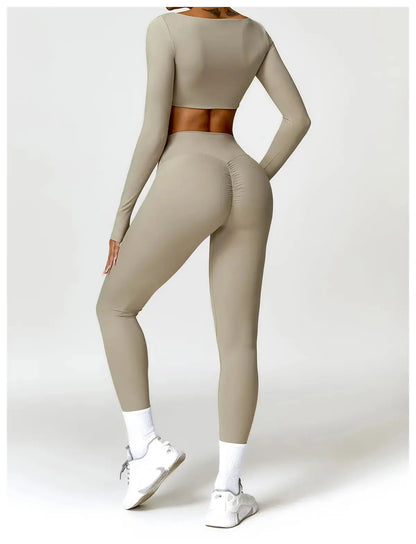 Hearuisavy 2PCS Long Sleeve Gym Set Women Yoga Clothes Quick-Drying Sportswear Running Leggings Workout Sports Crop Top Women dermacollagene.com