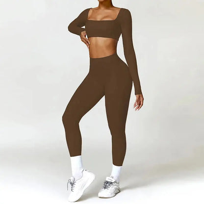 Hearuisavy 2PCS Long Sleeve Gym Set Women Yoga Clothes Quick-Drying Sportswear Running Leggings Workout Sports Crop Top Women dermacollagene.com