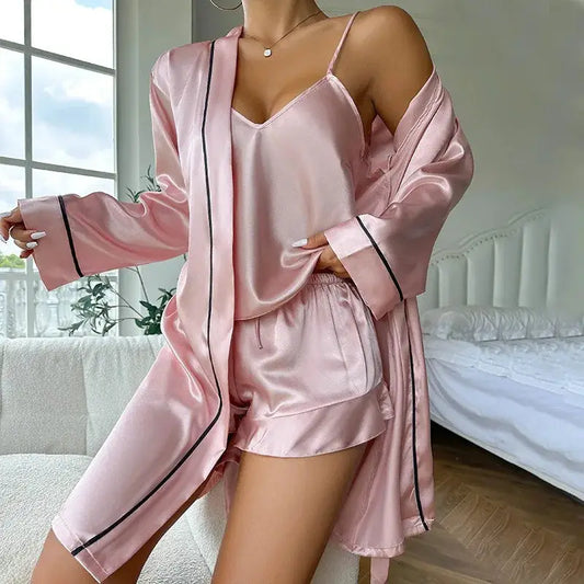 Ice silk pajamas, women's camisole shorts, three piece nightgown set, comfortable for all seasons, can be worn as outerwear dermacollagene.com