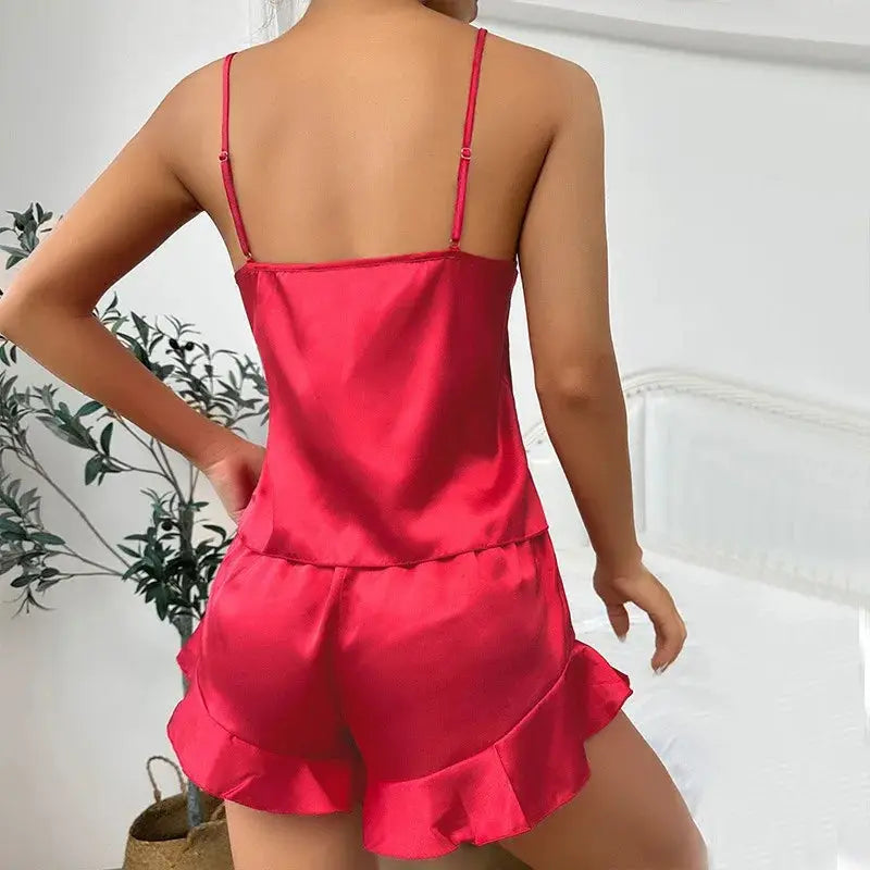 Ice silk pajamas, women's camisole shorts, three piece nightgown set, comfortable for all seasons, can be worn as outerwear dermacollagene.com