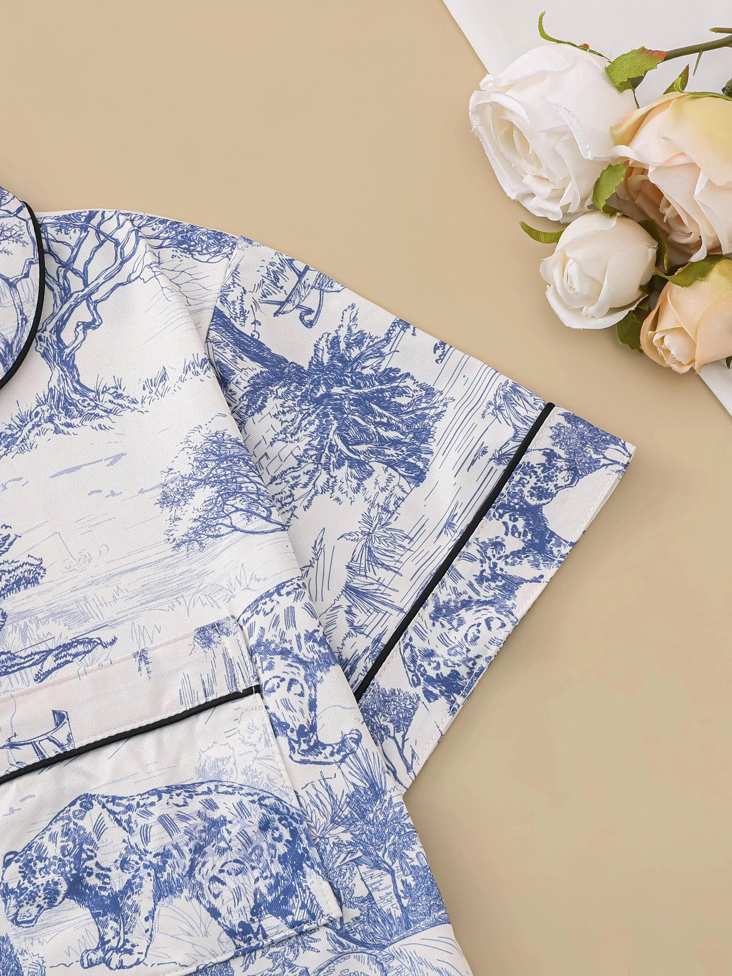 Natural animal print pajama set comfortable short-sleeved lapel top and elasticated waistband shorts women's loungewear dermacollagene.com