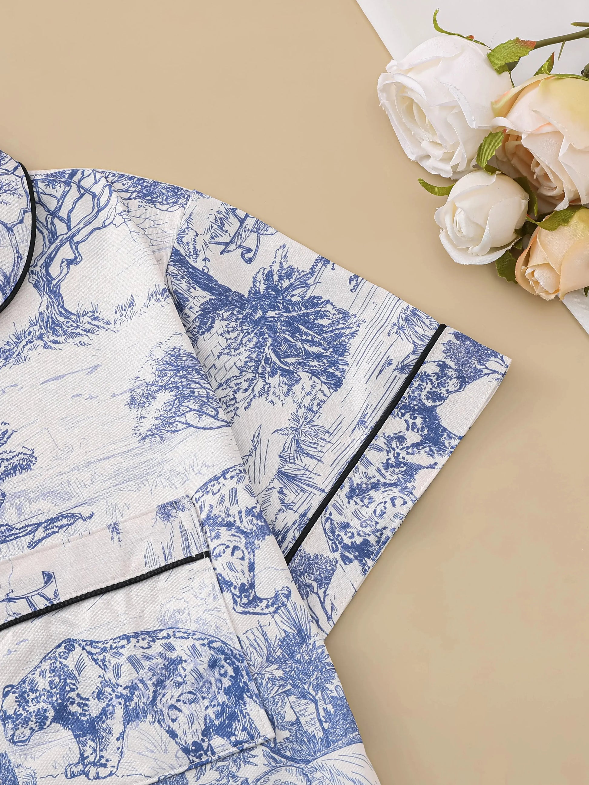 Natural animal print pajama set comfortable short-sleeved lapel top and elasticated waistband shorts women's loungewear dermacollagene.com