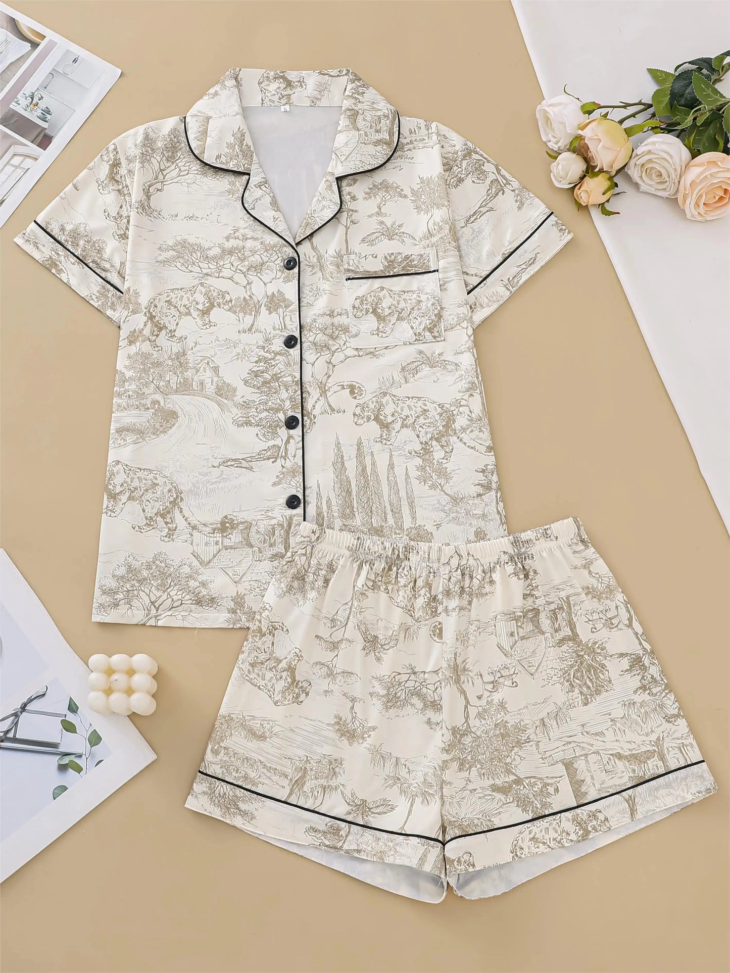 Natural animal print pajama set comfortable short-sleeved lapel top and elasticated waistband shorts women's loungewear dermacollagene.com