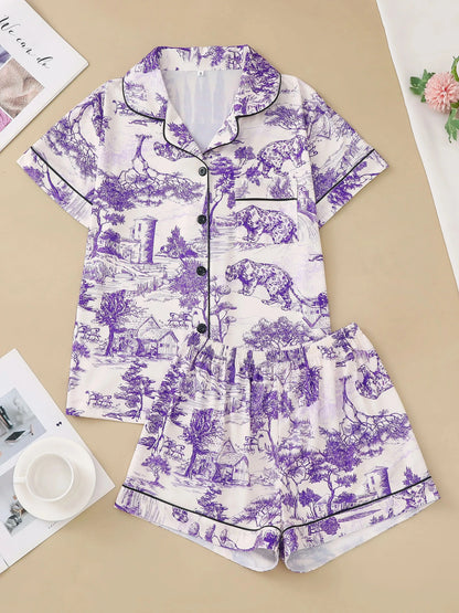 Natural animal print pajama set comfortable short-sleeved lapel top and elasticated waistband shorts women's loungewear dermacollagene.com
