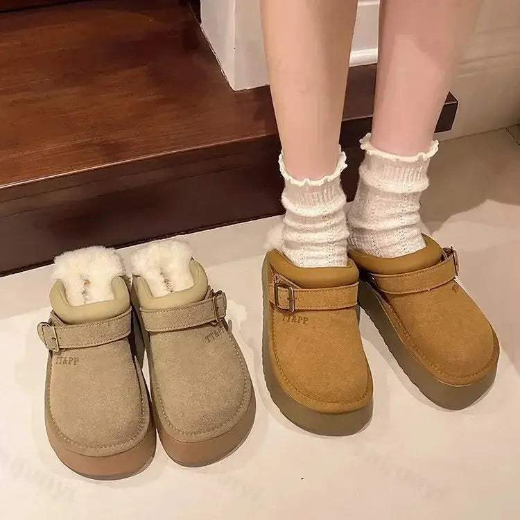 New Luxury Winter Women's Mules Slippers Plush Fashion Retro Bean Shoes Cotton Ladies Thick Sole Slippers Platform Woman Boots dermacollagene.com