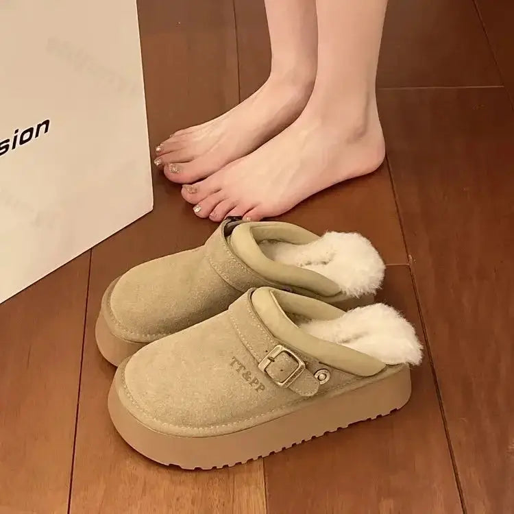 New Luxury Winter Women's Mules Slippers Plush Fashion Retro Bean Shoes Cotton Ladies Thick Sole Slippers Platform Woman Boots dermacollagene.com